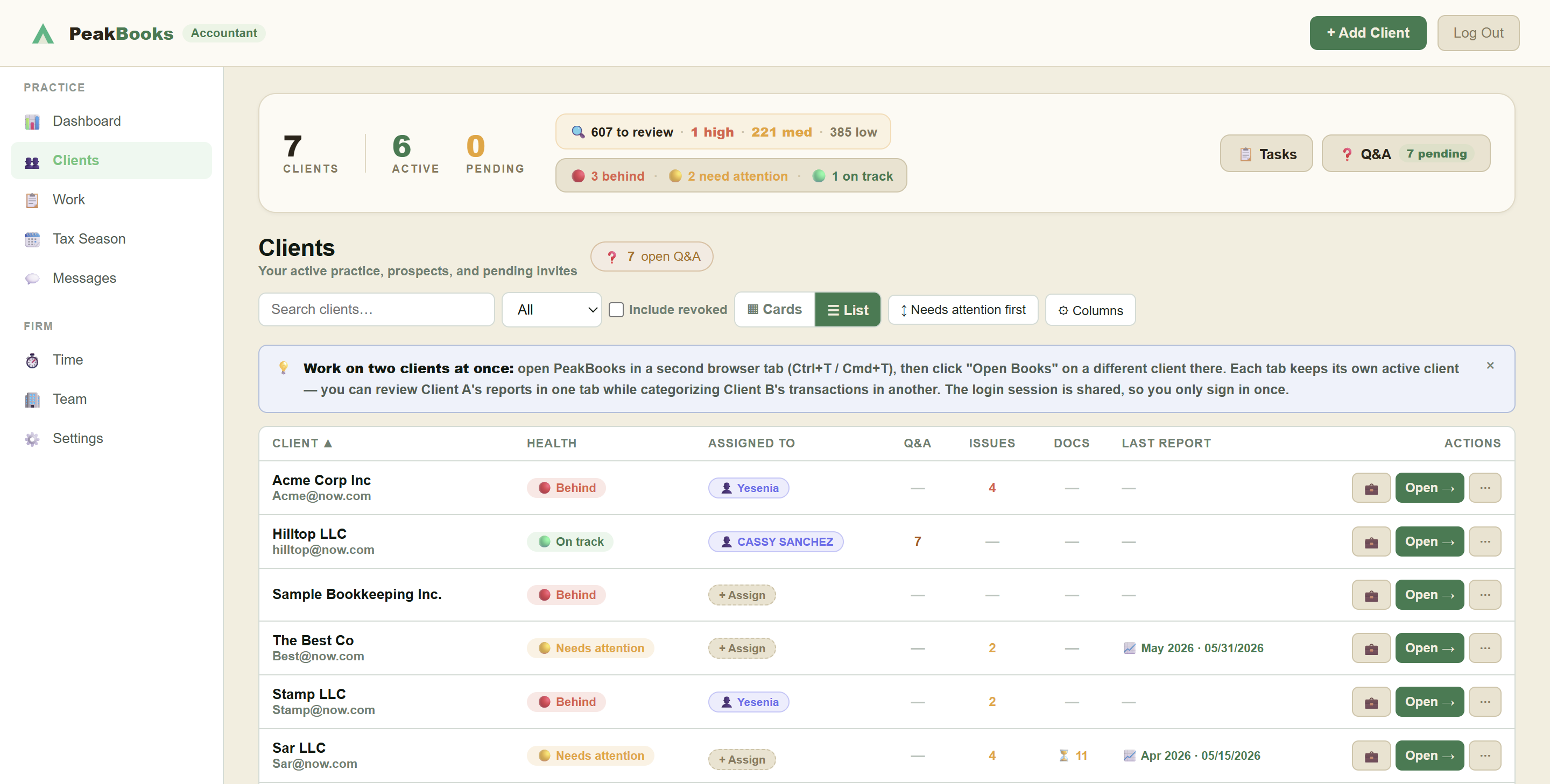 PeakBooks accountant portal — client list with health status, assignments, open Q&A and review issues per client