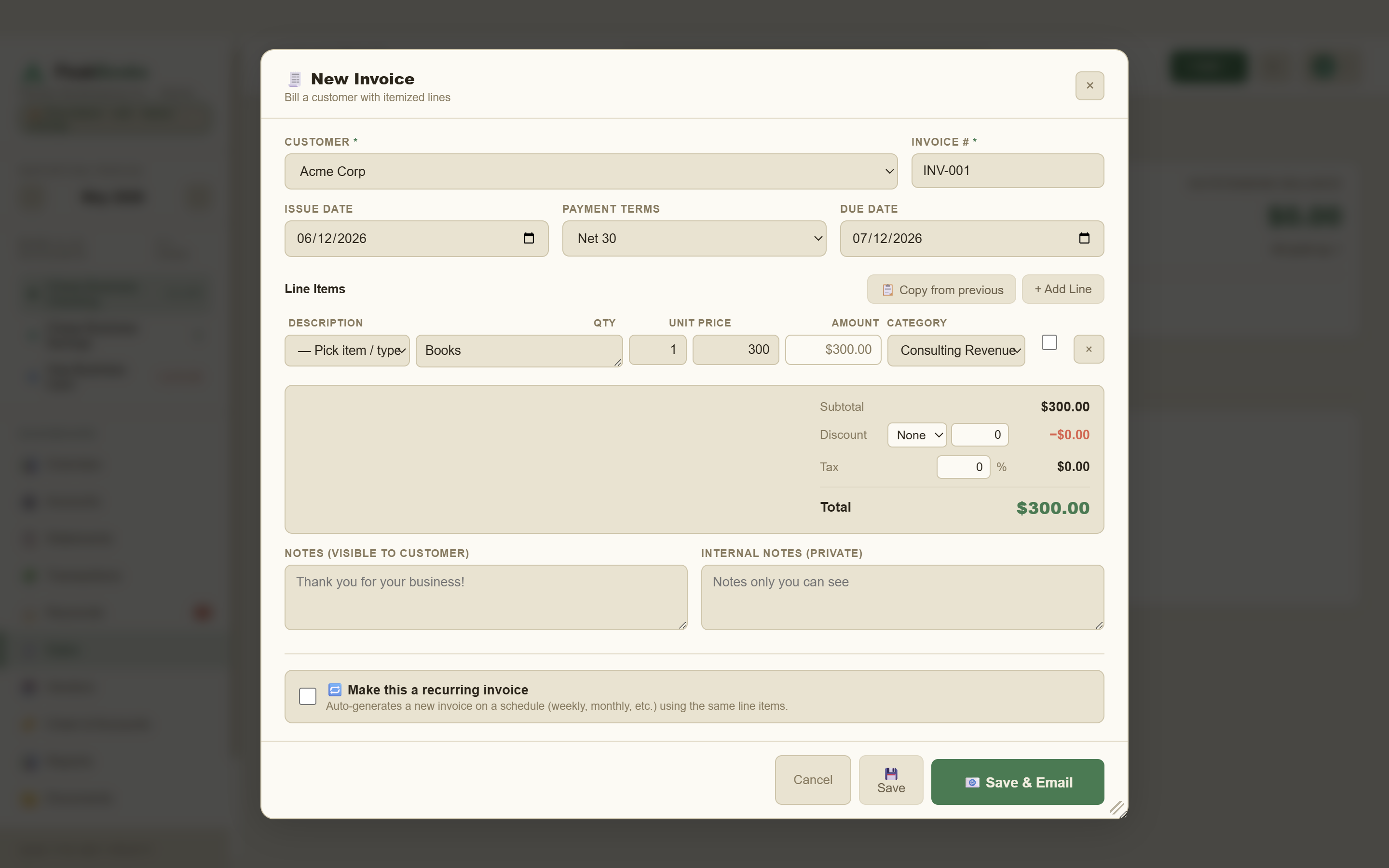 Invoice editor with line items, discount and tax