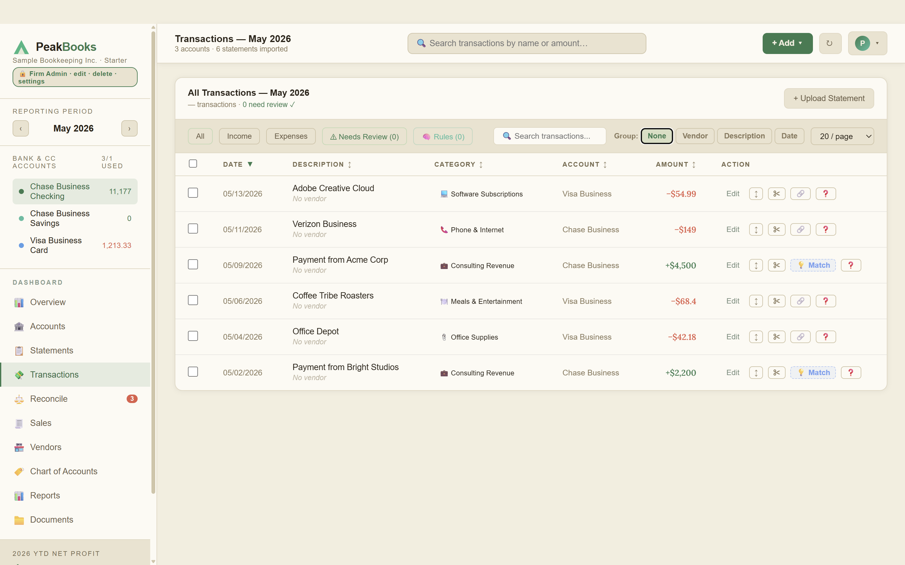 Categorized transactions list with category pills and match suggestions